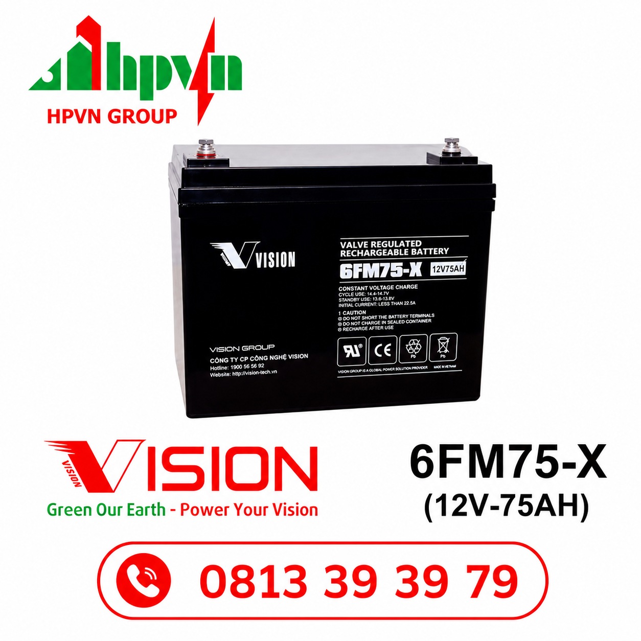 Ắc Quy Vision 6FM75-X (12V-75Ah)